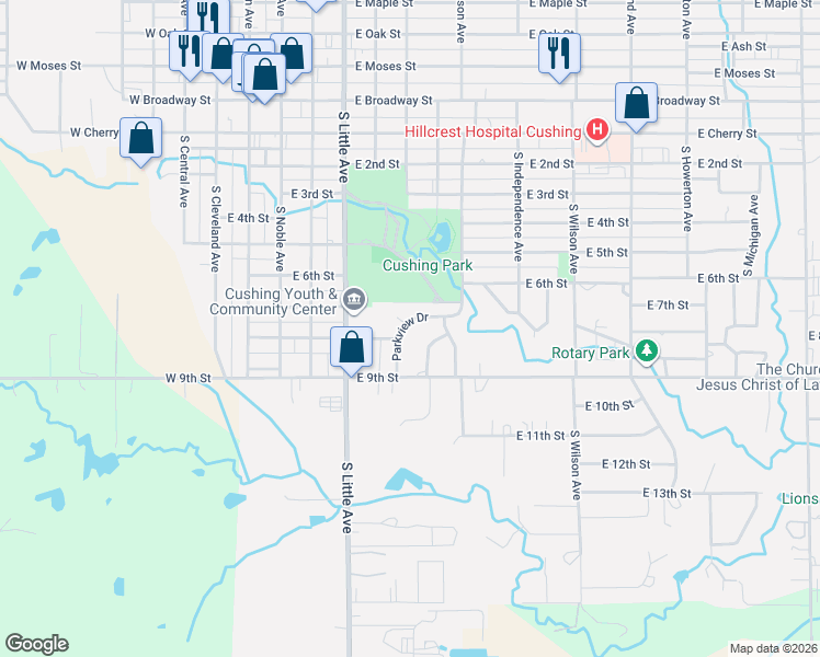 map of restaurants, bars, coffee shops, grocery stores, and more near 810 Parkview Drive in Cushing