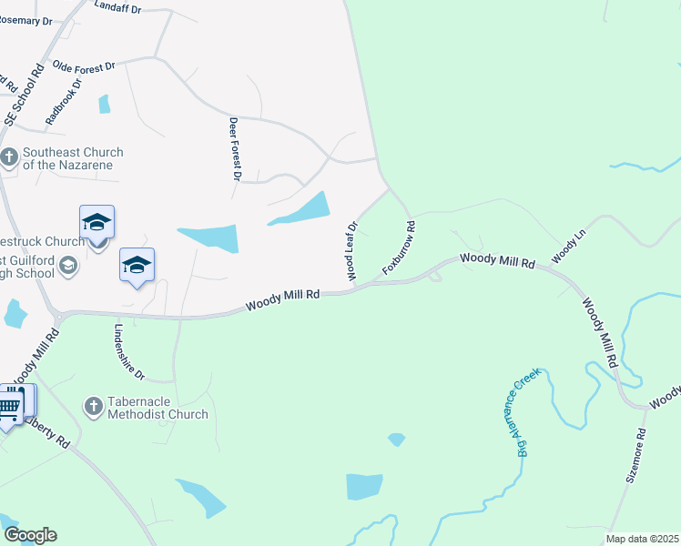 map of restaurants, bars, coffee shops, grocery stores, and more near 5510 Wood Leaf Drive in Greensboro