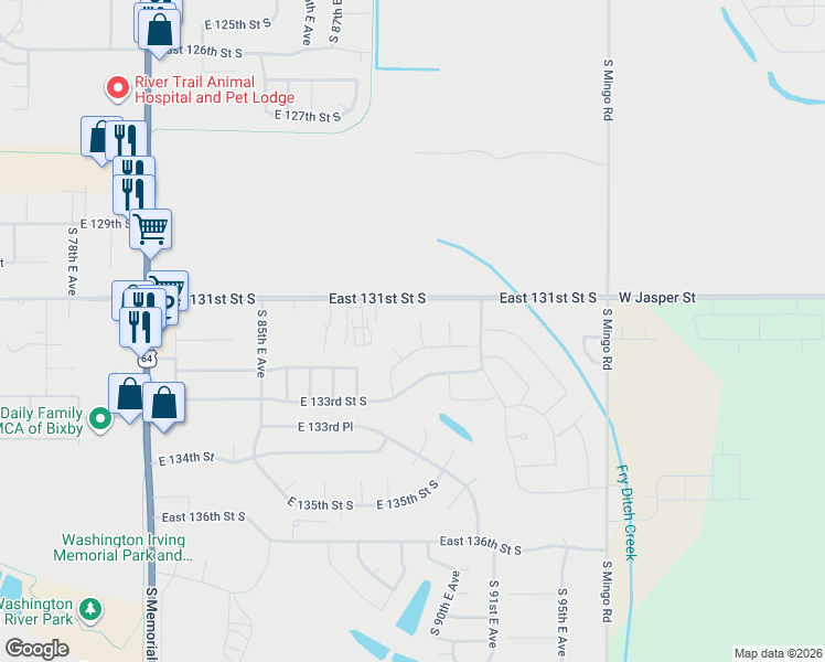 map of restaurants, bars, coffee shops, grocery stores, and more near 8900 East 131st Street South in Bixby