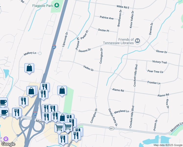 map of restaurants, bars, coffee shops, grocery stores, and more near 8115 Vaden Drive in Brentwood