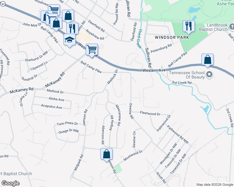 map of restaurants, bars, coffee shops, grocery stores, and more near 4456 Oakbank Lane Northwest in Knoxville