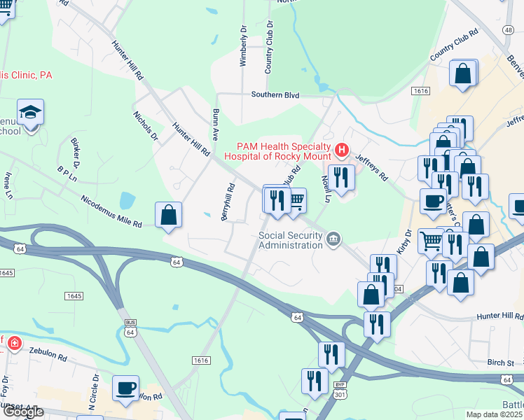 map of restaurants, bars, coffee shops, grocery stores, and more near 850 Country Club Road in Rocky Mount