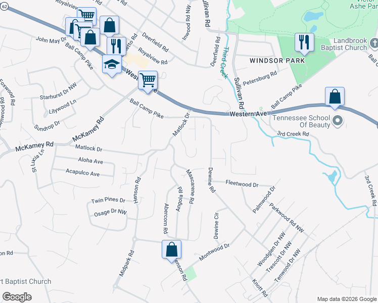 map of restaurants, bars, coffee shops, grocery stores, and more near 4408 Oakbank Lane Northwest in Knoxville