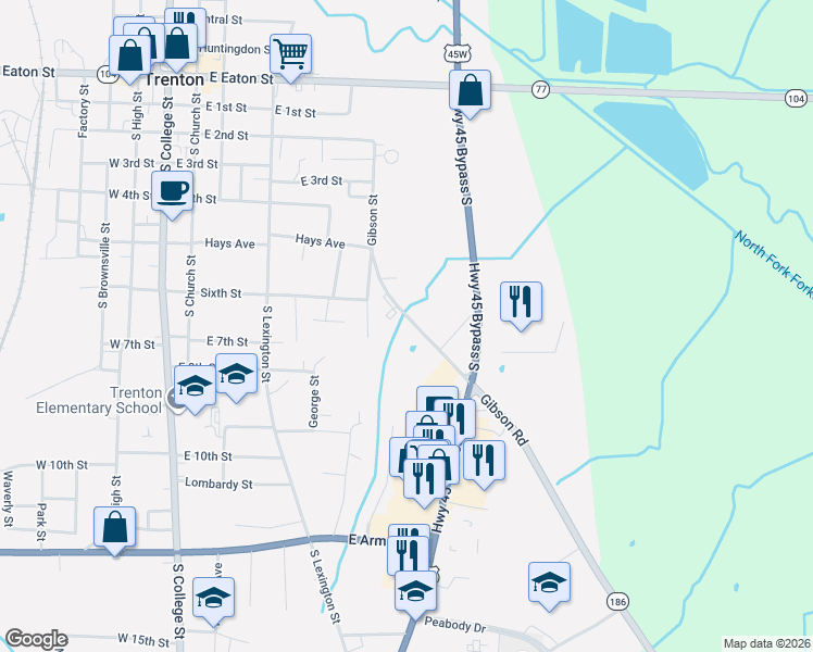 map of restaurants, bars, coffee shops, grocery stores, and more near 635 Gibson Road in Trenton