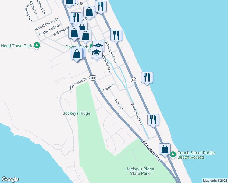 map of restaurants, bars, coffee shops, grocery stores, and more near 3306 South Wrightsville Avenue in Nags Head