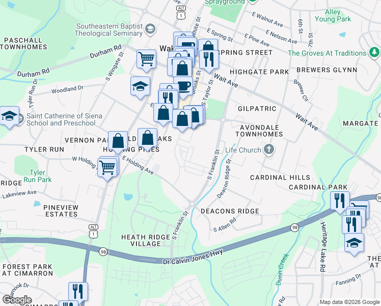 map of restaurants, bars, coffee shops, grocery stores, and more near 457 Rally Point Place in Wake Forest