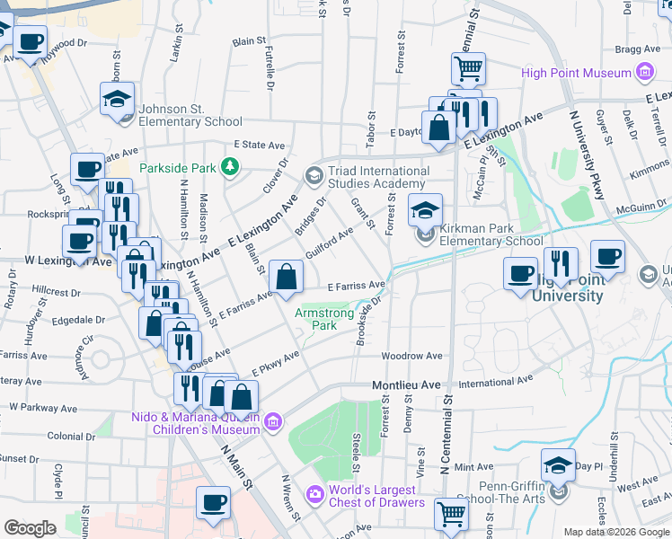 map of restaurants, bars, coffee shops, grocery stores, and more near 824 Howard Place in High Point