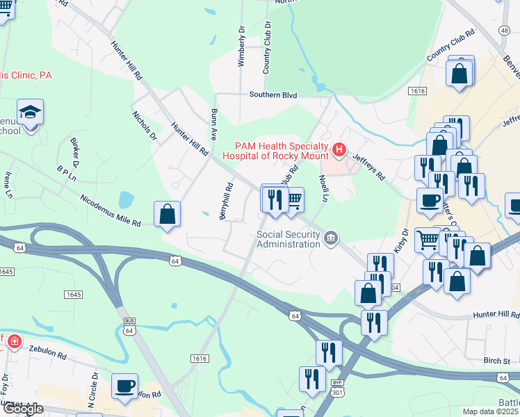 map of restaurants, bars, coffee shops, grocery stores, and more near 850 Country Club Road in Rocky Mount