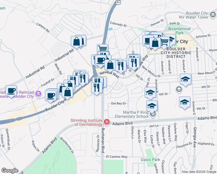 map of restaurants, bars, coffee shops, grocery stores, and more near 700 Elm Street in Boulder City