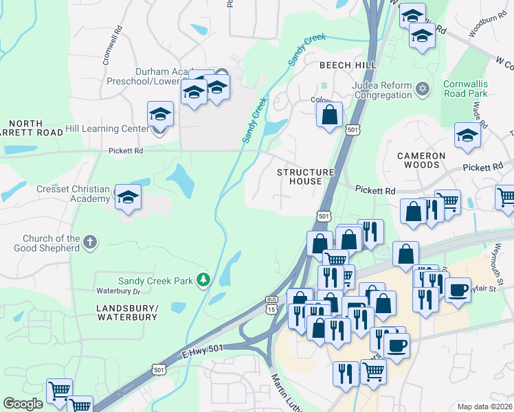 map of restaurants, bars, coffee shops, grocery stores, and more near 3320 Coachman's Way in Durham