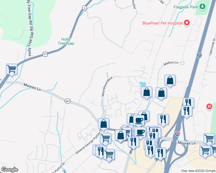 map of restaurants, bars, coffee shops, grocery stores, and more near 1009 Mooreland Boulevard in Brentwood