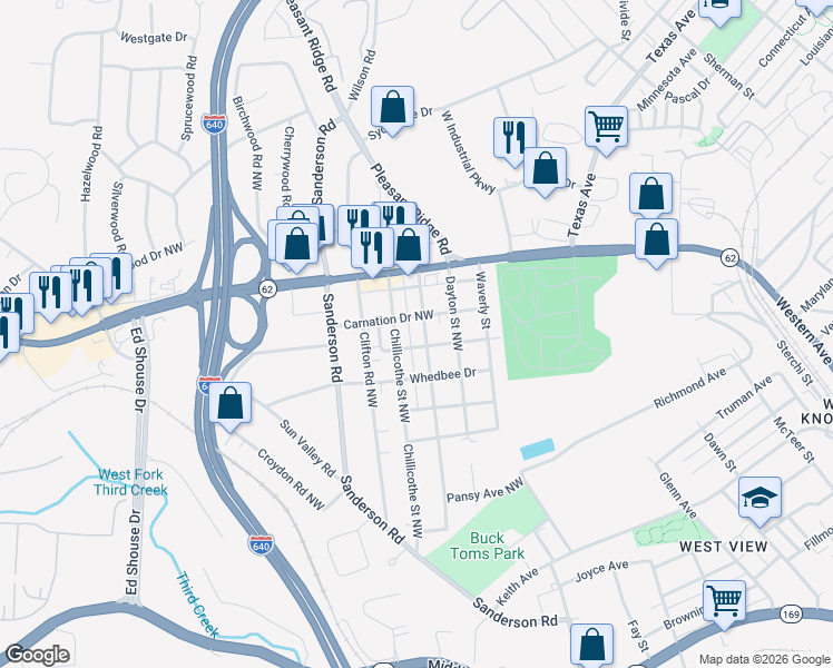 map of restaurants, bars, coffee shops, grocery stores, and more near 2717 Piedmont Street Northwest in Knoxville