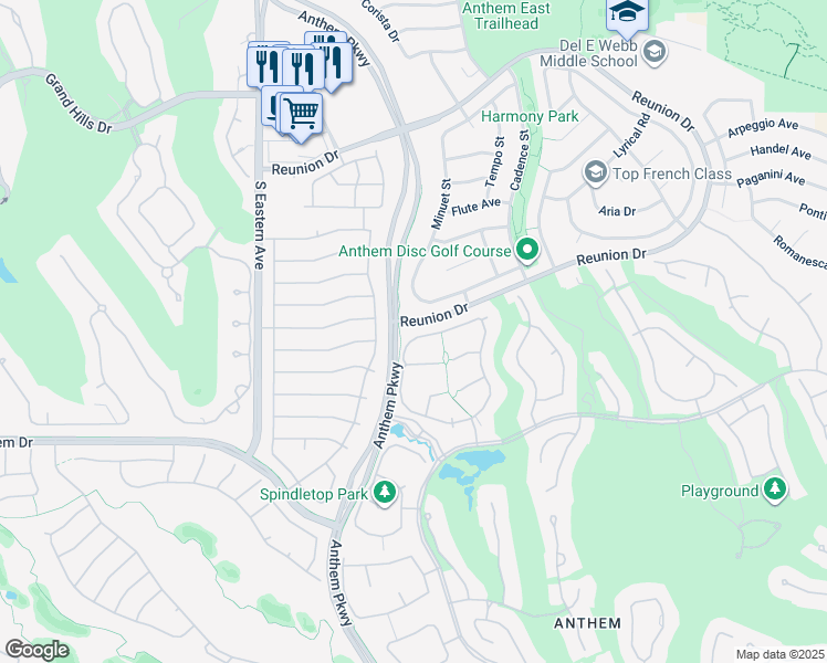 map of restaurants, bars, coffee shops, grocery stores, and more near 43 Fountainhead Circle in Henderson