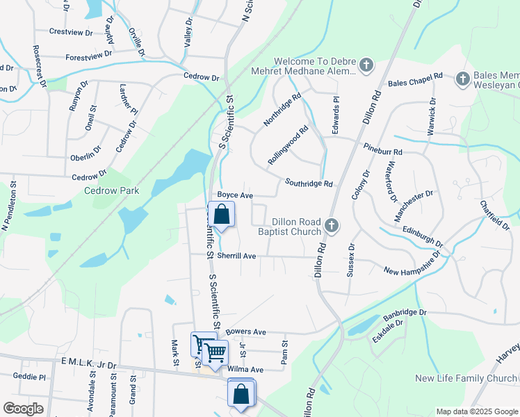 map of restaurants, bars, coffee shops, grocery stores, and more near 406 Amberly Drive in Jamestown
