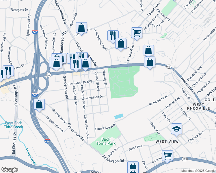 map of restaurants, bars, coffee shops, grocery stores, and more near 2700 Waverly Street in Knoxville