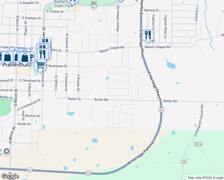 map of restaurants, bars, coffee shops, grocery stores, and more near 801 Butler Road in Prairie Grove
