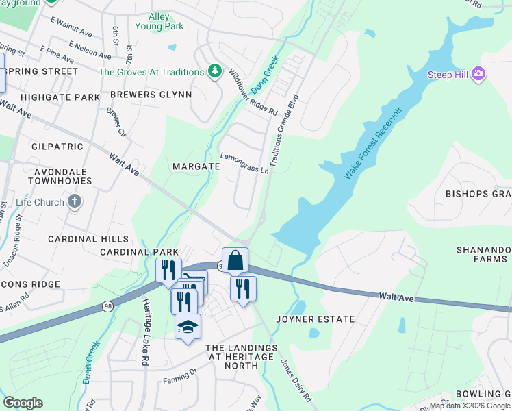 map of restaurants, bars, coffee shops, grocery stores, and more near 1012 Lemongrass Lane in Wake Forest
