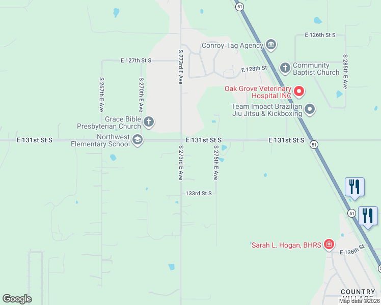 map of restaurants, bars, coffee shops, grocery stores, and more near 27372 East 131st Street South in Coweta
