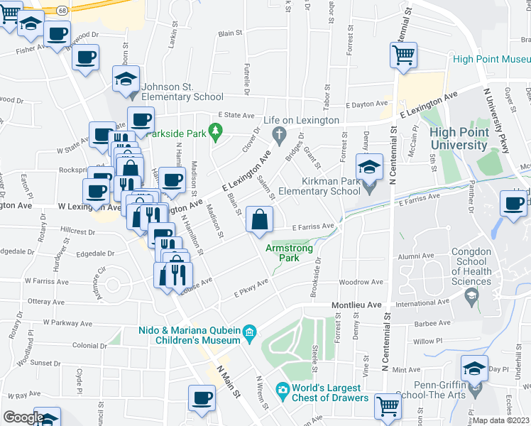 map of restaurants, bars, coffee shops, grocery stores, and more near 518 Guilford Avenue in High Point