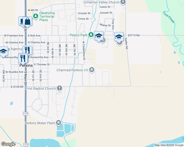 map of restaurants, bars, coffee shops, grocery stores, and more near 204 Lynn Combs Circle in Perkins