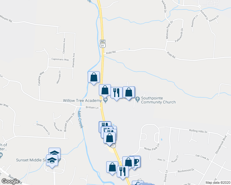 map of restaurants, bars, coffee shops, grocery stores, and more near 7210 Haley Industrial Dr in Nolensville