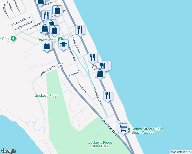 map of restaurants, bars, coffee shops, grocery stores, and more near 3392-3404 Highway 12 in Nags Head
