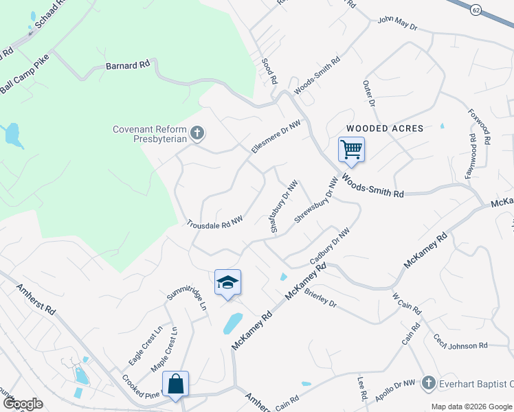 map of restaurants, bars, coffee shops, grocery stores, and more near 6509 Trousdale Road Northwest in Knoxville