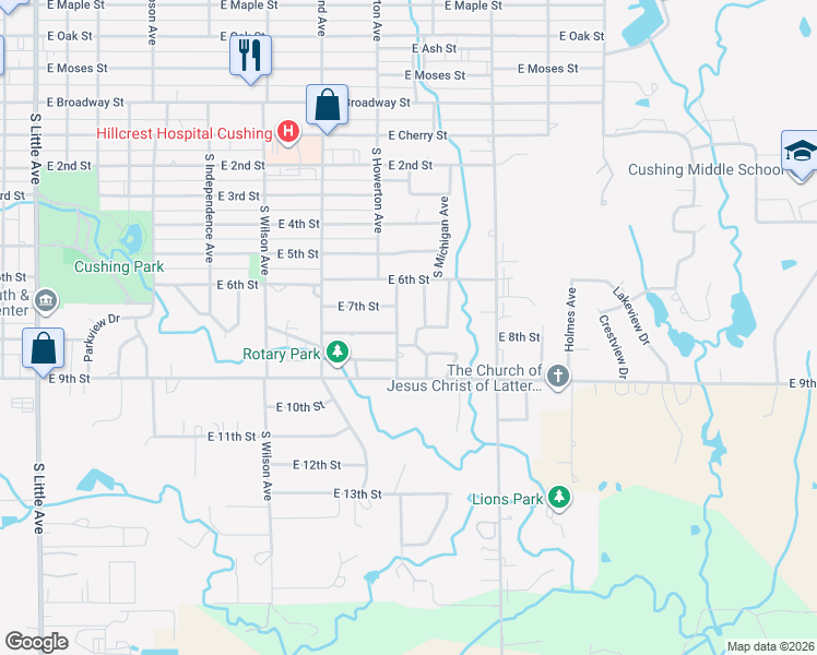 map of restaurants, bars, coffee shops, grocery stores, and more near 804 South Howerton Avenue in Cushing