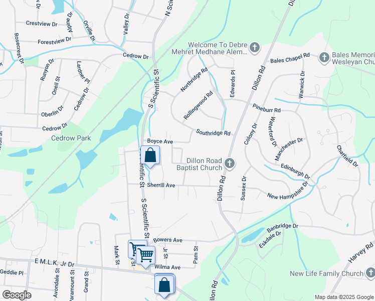 map of restaurants, bars, coffee shops, grocery stores, and more near 419 Amberly Drive in Jamestown