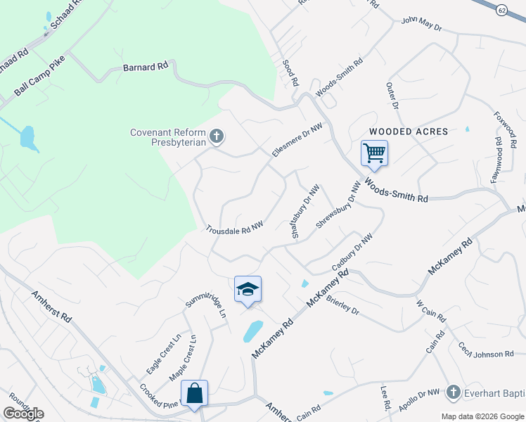 map of restaurants, bars, coffee shops, grocery stores, and more near 6509 Trousdale Road Northwest in Knoxville
