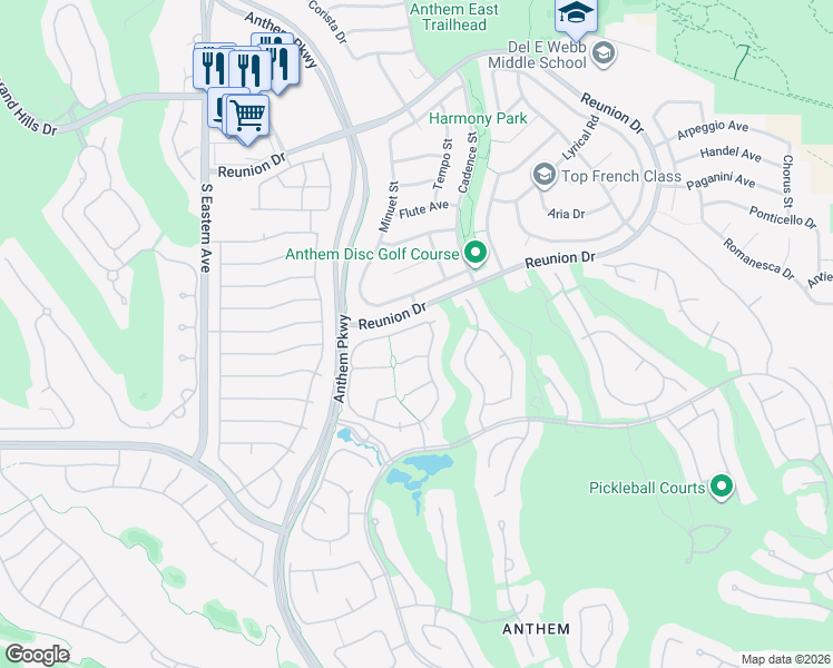 map of restaurants, bars, coffee shops, grocery stores, and more near 75 Fountainhead Circle in Henderson