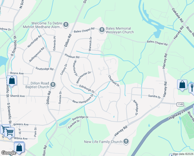 map of restaurants, bars, coffee shops, grocery stores, and more near 1005 Pineburr Road in Jamestown