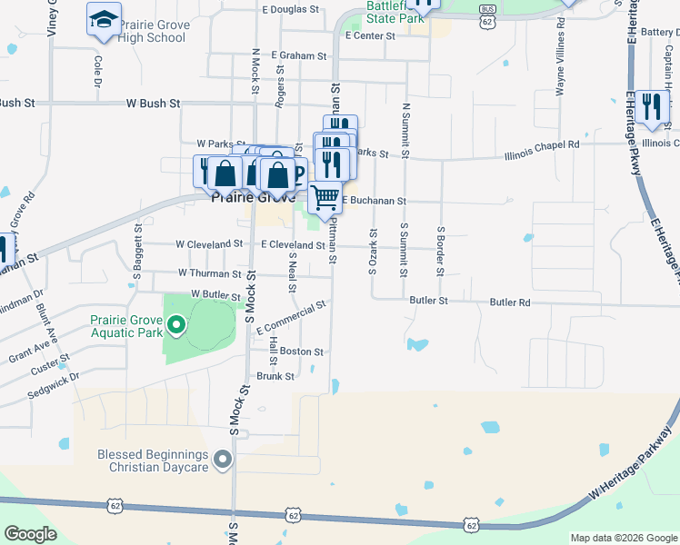map of restaurants, bars, coffee shops, grocery stores, and more near 409 East Cleveland Street in Prairie Grove