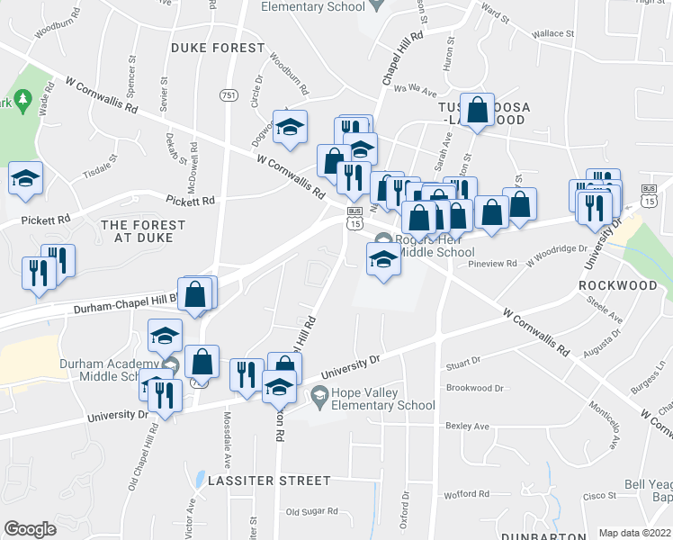 map of restaurants, bars, coffee shops, grocery stores, and more near 2836 Chapel Hill Road in Durham