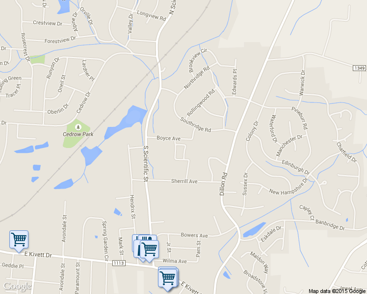 map of restaurants, bars, coffee shops, grocery stores, and more near 433 Amberly Drive in Jamestown