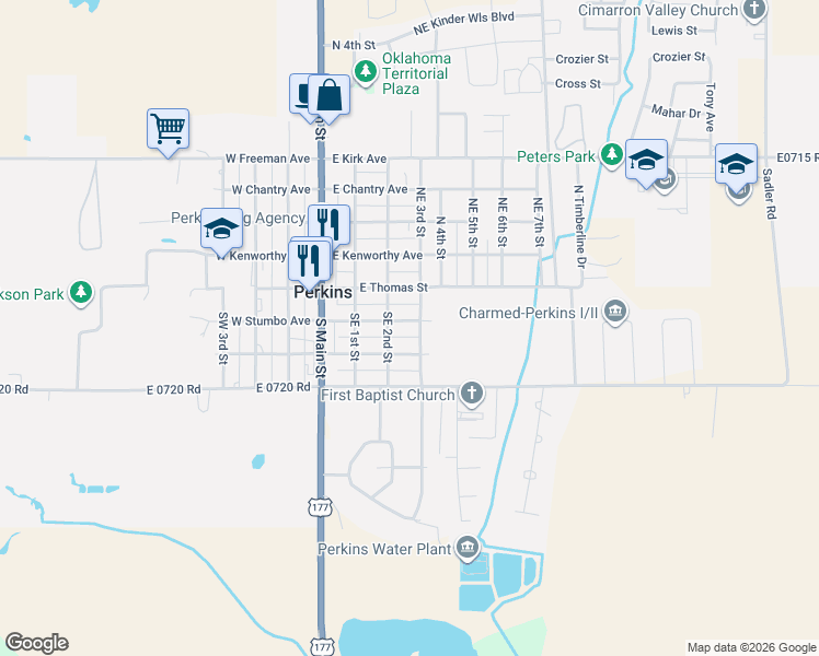 map of restaurants, bars, coffee shops, grocery stores, and more near 318 East Stumbo Avenue in Perkins