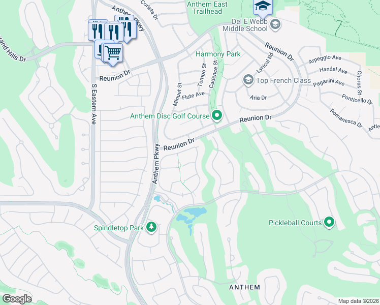 map of restaurants, bars, coffee shops, grocery stores, and more near 75 Fountainhead Circle in Henderson
