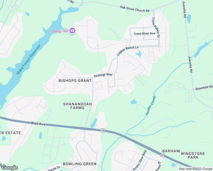 map of restaurants, bars, coffee shops, grocery stores, and more near 425 Kings Glen Way in Wake Forest