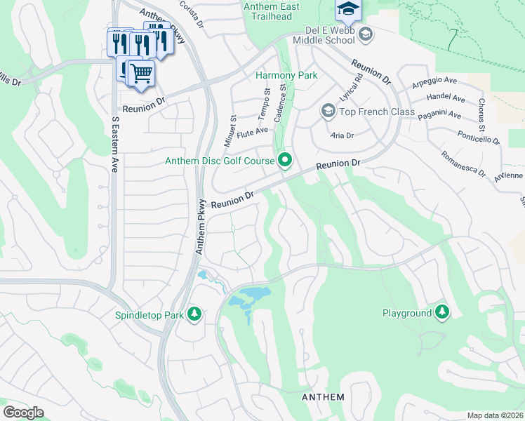 map of restaurants, bars, coffee shops, grocery stores, and more near 77 Fountainhead Circle in Henderson