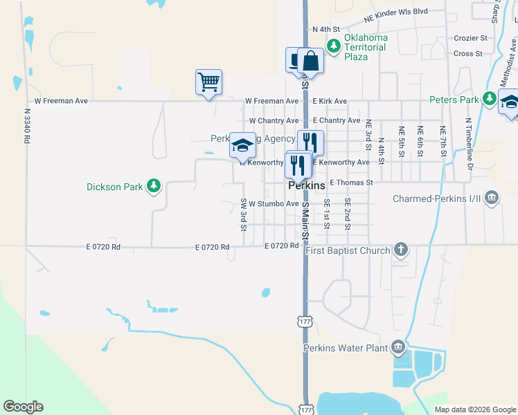 map of restaurants, bars, coffee shops, grocery stores, and more near 201 Southwest 2nd Street in Perkins