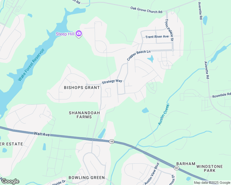 map of restaurants, bars, coffee shops, grocery stores, and more near 425 Kings Glen Way in Wake Forest