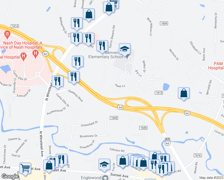 map of restaurants, bars, coffee shops, grocery stores, and more near 145 Irene Court in Rocky Mount