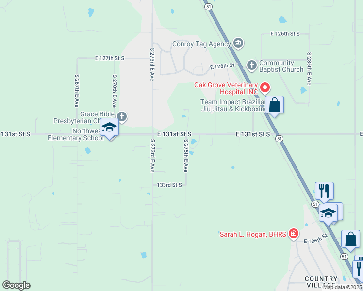 map of restaurants, bars, coffee shops, grocery stores, and more near 13148 South 275th East Avenue in Coweta