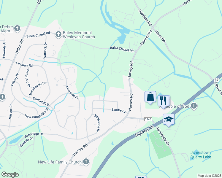 map of restaurants, bars, coffee shops, grocery stores, and more near 5044 Harvey Road in Jamestown