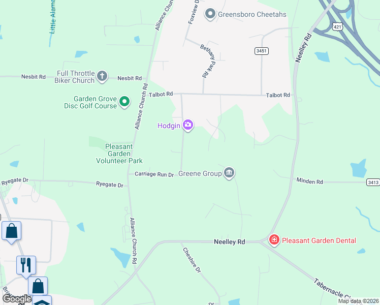 map of restaurants, bars, coffee shops, grocery stores, and more near 5403 Running Mead Road in Pleasant Garden