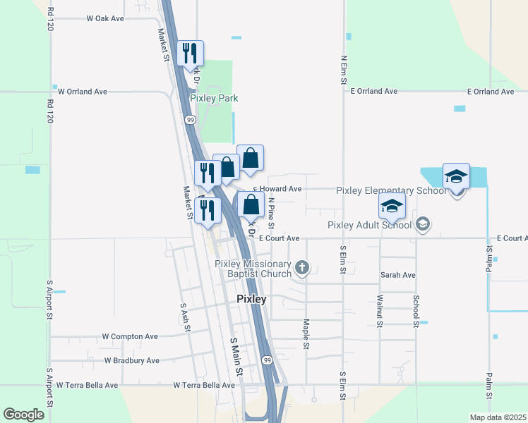 map of restaurants, bars, coffee shops, grocery stores, and more near 281 North Pine Street in Pixley