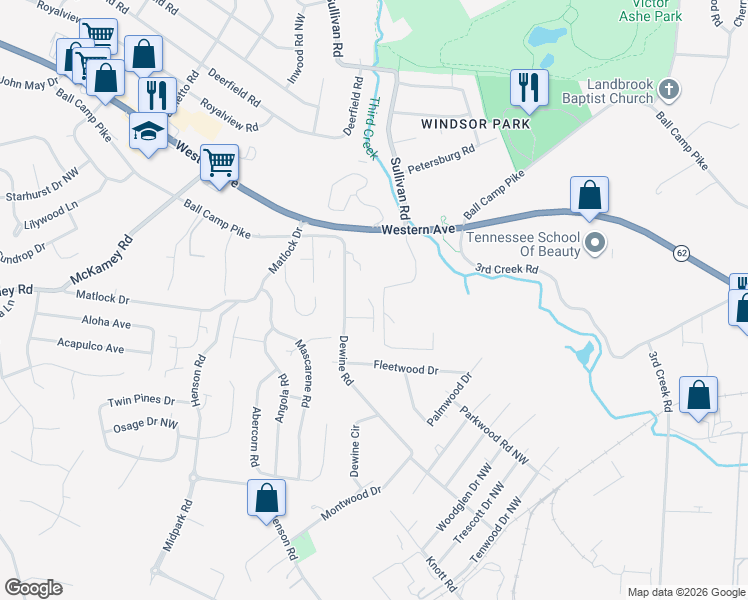 map of restaurants, bars, coffee shops, grocery stores, and more near 3324 Harrison Forest Way in Knoxville