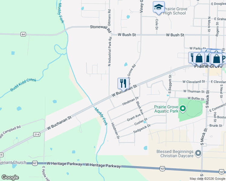 map of restaurants, bars, coffee shops, grocery stores, and more near 291 South Industrial Park Road in Prairie Grove