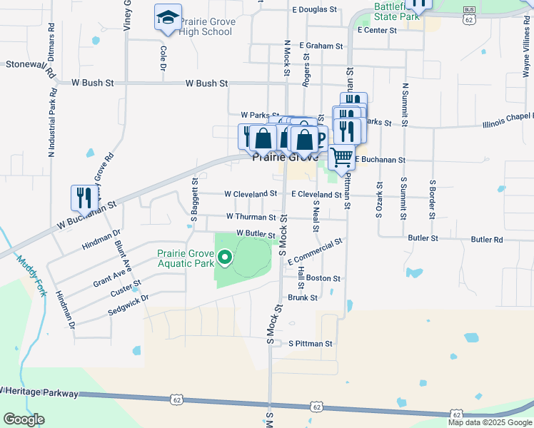 map of restaurants, bars, coffee shops, grocery stores, and more near 110 West Thurman Street in Prairie Grove