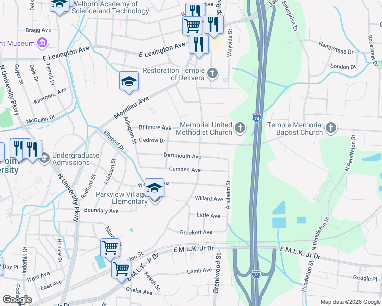 map of restaurants, bars, coffee shops, grocery stores, and more near 1221 Dartmouth Avenue in High Point